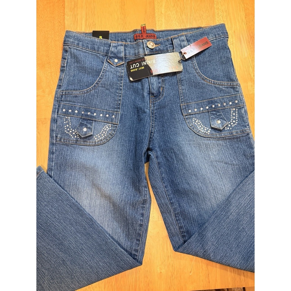 S&P Jeans Bikini Cut Sexy Jeans Blue Rhinestone Stretch Flare Y2K NWT 11/12